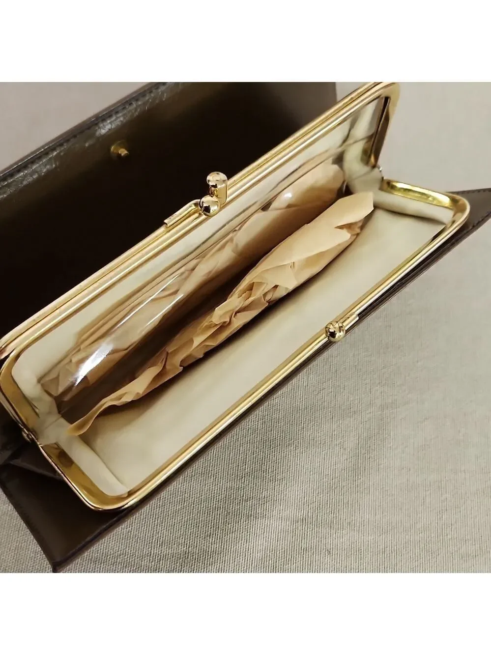 Brown Leather Clutch/ Wallet with Gold Accents Vintage 1960s/70s